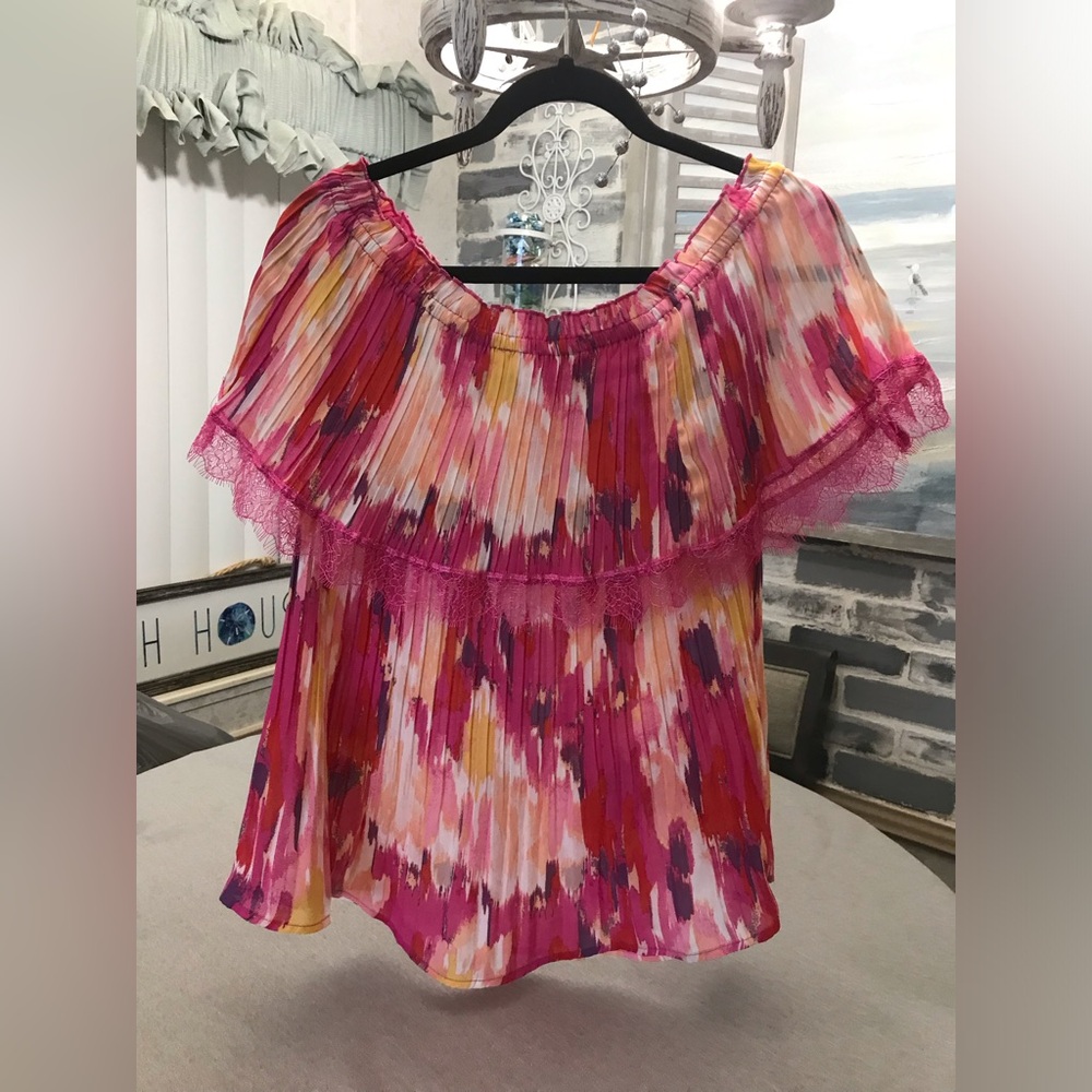 Spense Pink Pleated Ruffled Blouse Short Sleeve